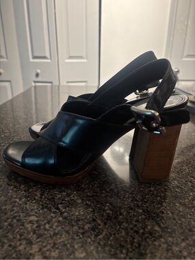 Prada Black Leather Slingback Platform Block Heels